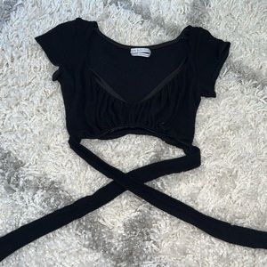 Urban outfitters black short sleeve wrap crop top